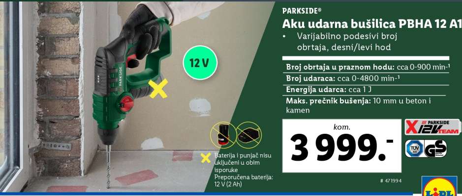 PARKSIDE Aku udarna bušilica PBHA 12 A1