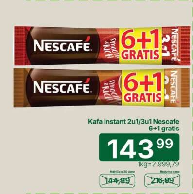 Kafa instant 2u1/3u1 Nescafe 6+1 gratis