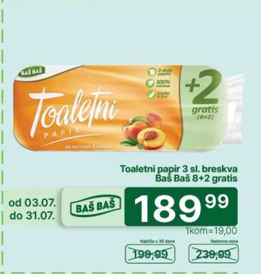 Toaletni papir 3 sl. breskva Baš Baš 8+2 gratis