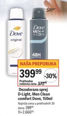 Dezodorans sprej D Light , Men Clean comfort Dove 150ml