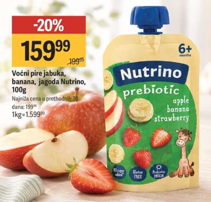 Voćni pire jabuka, banana, jagoda Nutrino, 100g