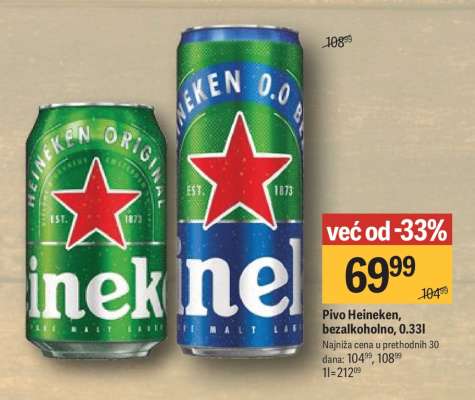 Pivo Heineken bezalkoholno, 0,33l