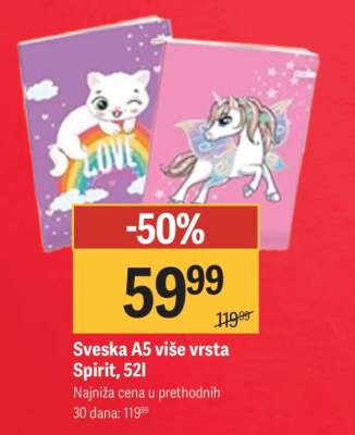 Sveska A5 više vrsta Spirit, 52l