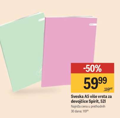 Sveska A5 više vrsta za devojčice Spirit, 52l