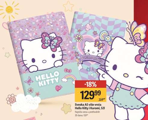 Sveska A5 više vrsta Hello Kitty i Kuromi, 52l