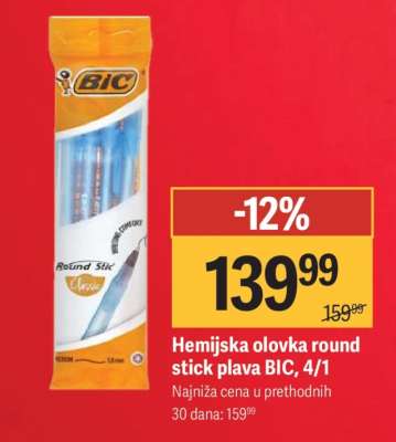 Hemijska olovka round stick plava BIC, 4/1