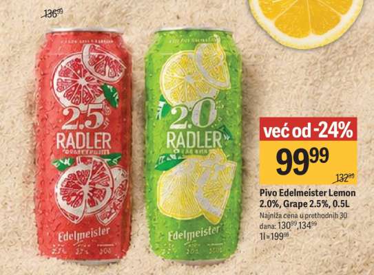 Pivo Edelmeister Lemon 2.0%, Grape 2.5%, 0.5L