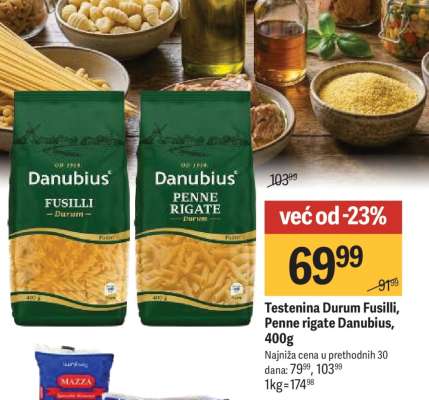 Testenina Durum Fusilli Penne rigate Danubius , 400g