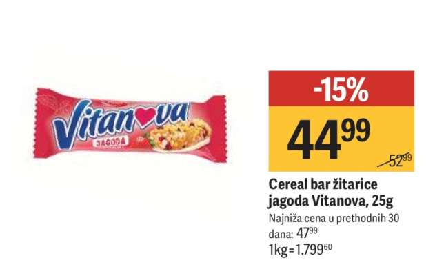 Cereal bar žitarice jagoda Vitanova 25g
