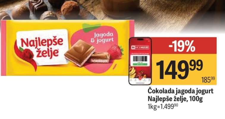 Čokolada jagoda jogurt Najlepše želje, 100g