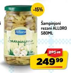 Šampinjoni Rezani Alloro 580ml