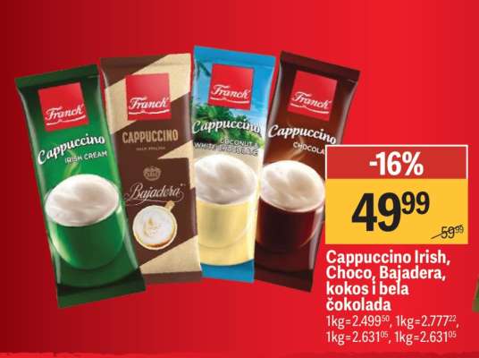 Cappuccino Irish, Choco, Bajadera, kokos i bela čokolada