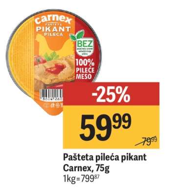 Pašteta pileća pikant Carnex 75g