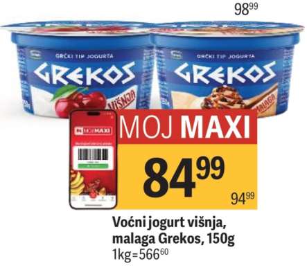 Voćni jogurt višnja, malaga Grekos, 150g