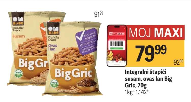 Integralni štapići susam, ovas lan Big Gric, 70g