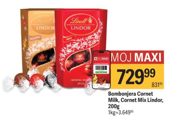 Bombonjera Cornet Milk, Cornet Mix Lindor, 200g