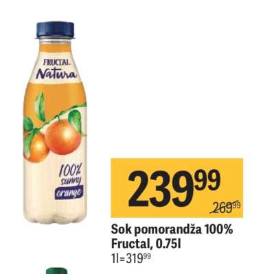 Sok pomorandža 100% Fructal, 0,75l