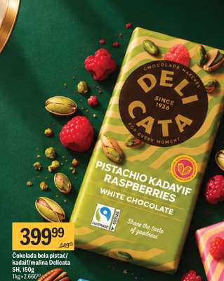 Čokolada bela pistač/kadaif/malina Delicata SH, 150g