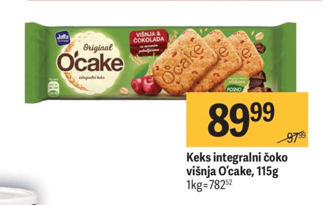 Keks integralni čoko višnja O'cake, 115g